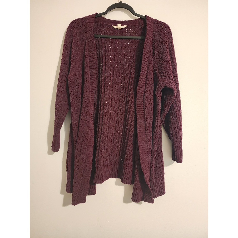 Terra & Sky Cardigan Women 1X Purple Pointelle Knit Open Front Boho Chic Sweater